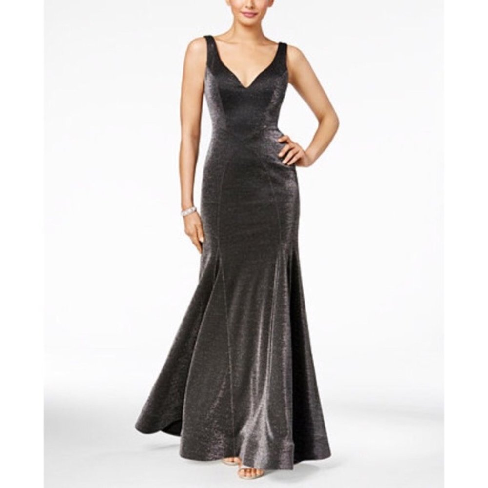 New Xscape Black/silver Metallic Trumpet Dress